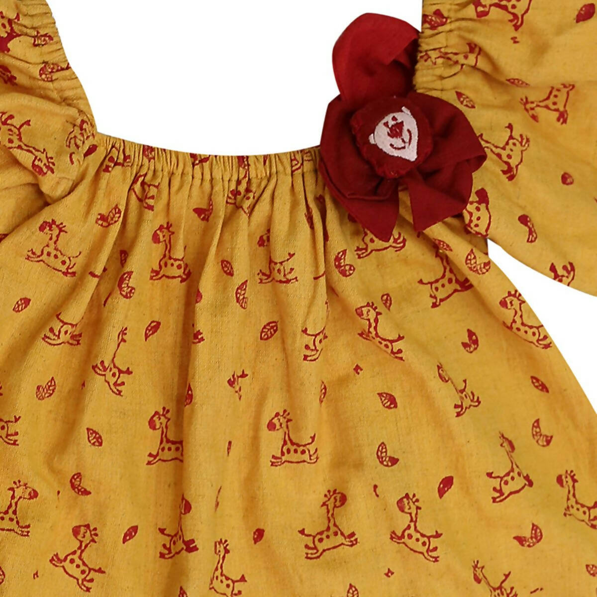 Mhyssa Half Frill Sleeves Square Neck Yellow Block Printed Frock | Grocsy