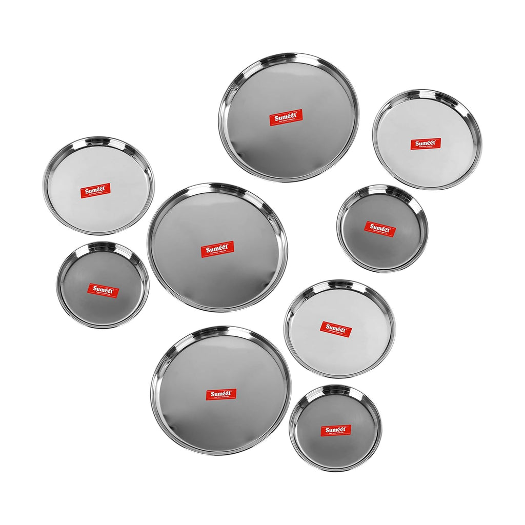 Sumeet Stainless Steel Heavy Gauge Multi Purpose Plates with Mirror Finish Set of 9pc (Dia - 17cm, 22cm,27.5cm) | Grocsy