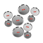 Sumeet Stainless Steel Heavy Gauge Multi Purpose Plates with Mirror Finish Set of 9pc (Dia - 17cm, 22cm,27.5cm) | Grocsy