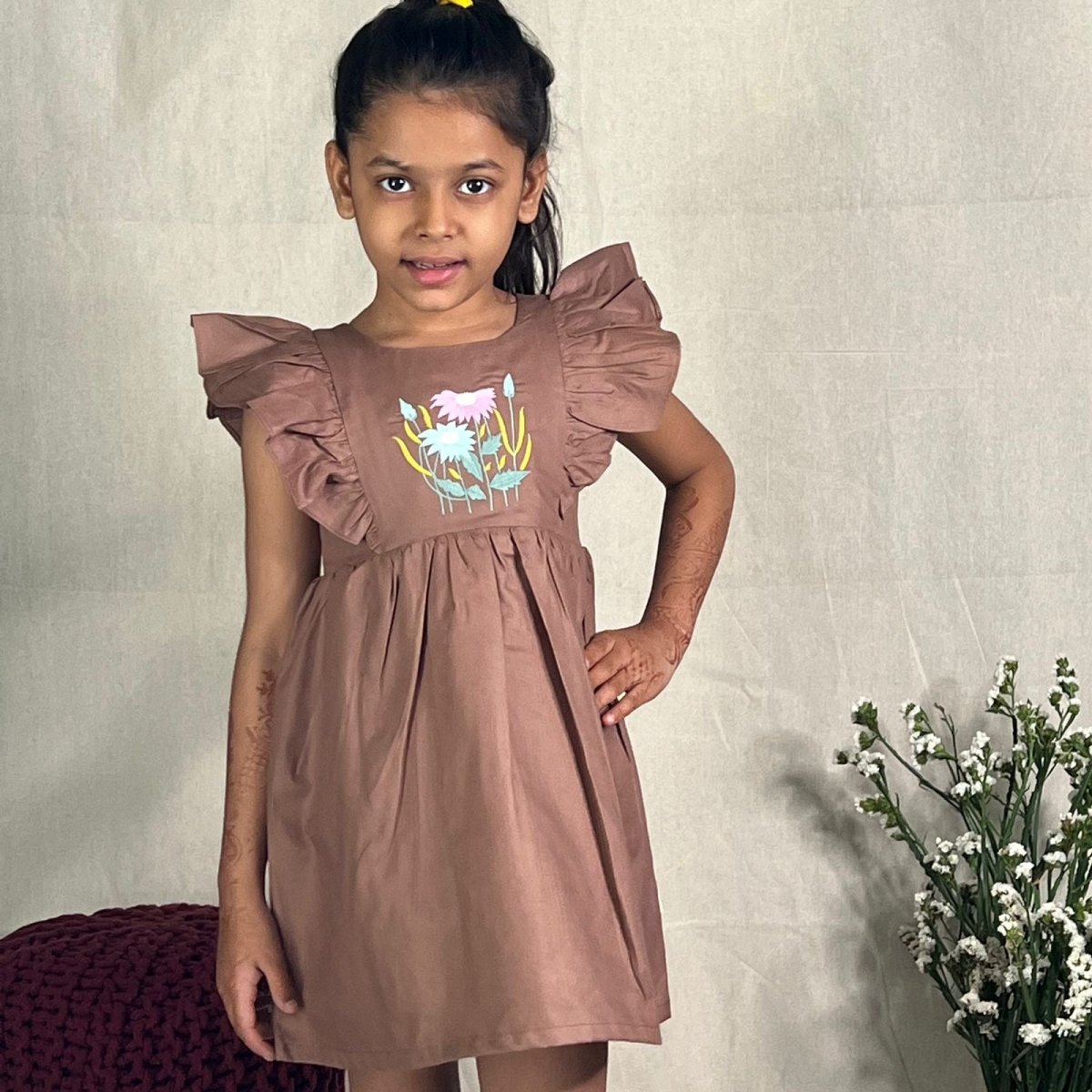 ArthLife Brown Flower Embroidered Frill Dress | Grocsy