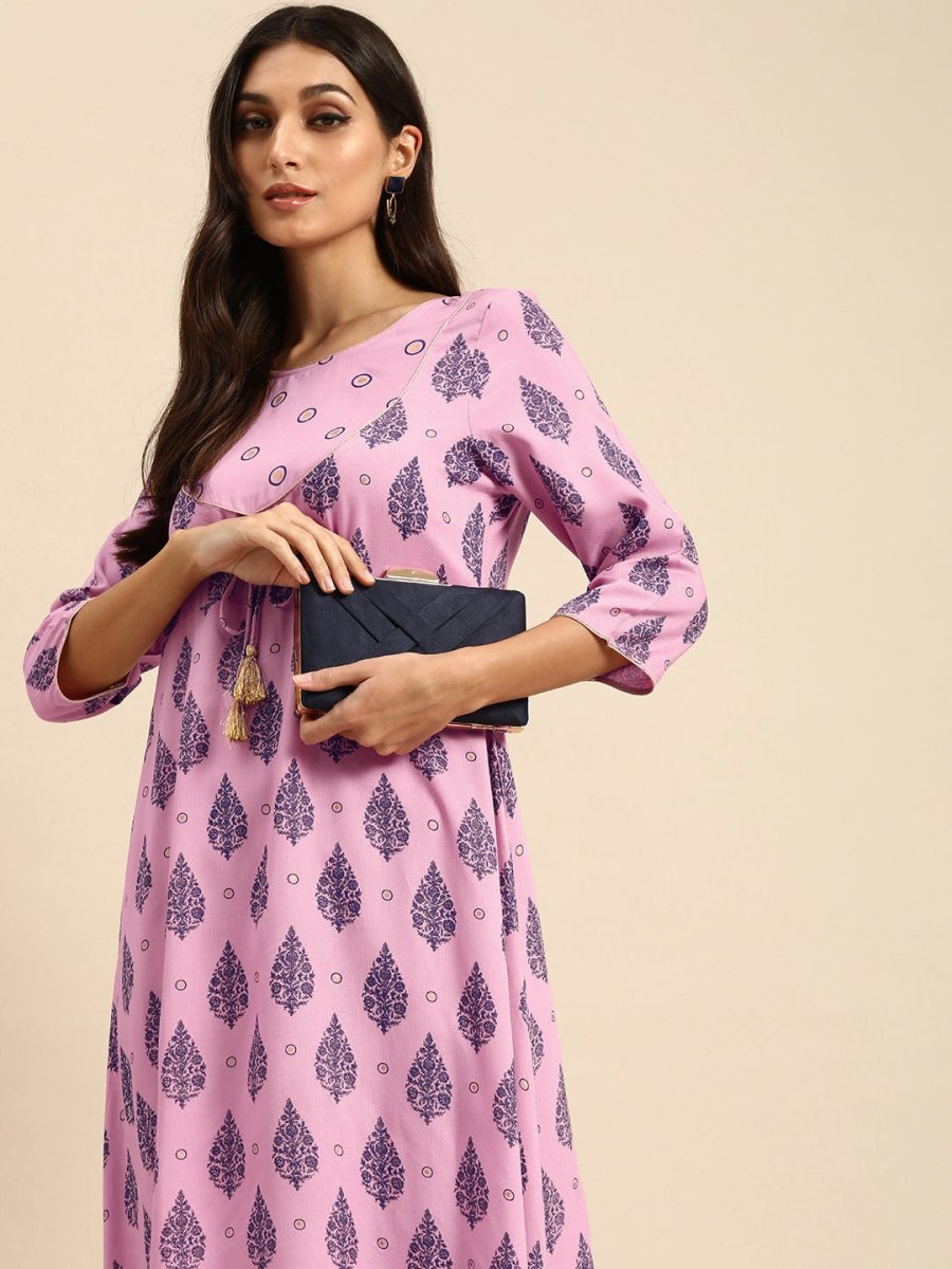 All About You Women Pink Ethnic Motifs Printed Empire Kurta with Trousers | Grocsy