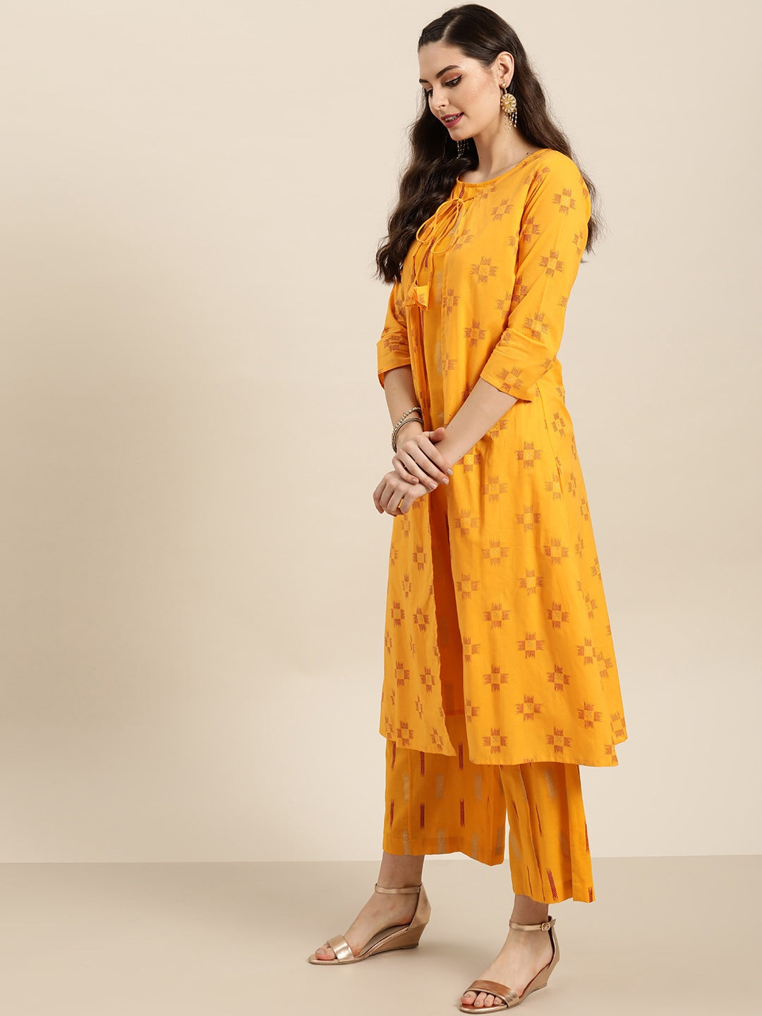 Sangria Women Mustard Yellow & Red Pure Cotton Printed Kurta with Palazzos | Grocsy