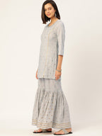 HERE&NOW Women Grey Floral Printed Panelled Gotta Patti Pure Cotton Kurti with Sharara With Dupatta | Grocsy