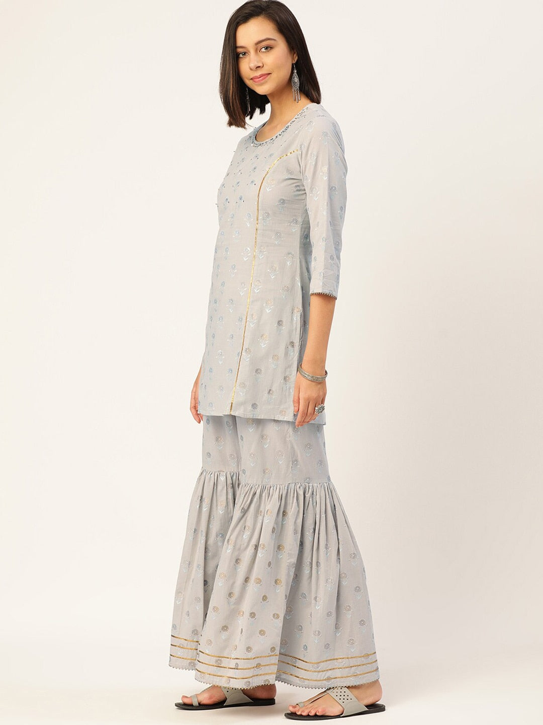 HERE&NOW Women Grey Floral Printed Panelled Gotta Patti Pure Cotton Kurti with Sharara With Dupatta | Grocsy