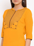 HERE&NOW Yellow Geometric Yoke Design Thread Work Kurta | Grocsy
