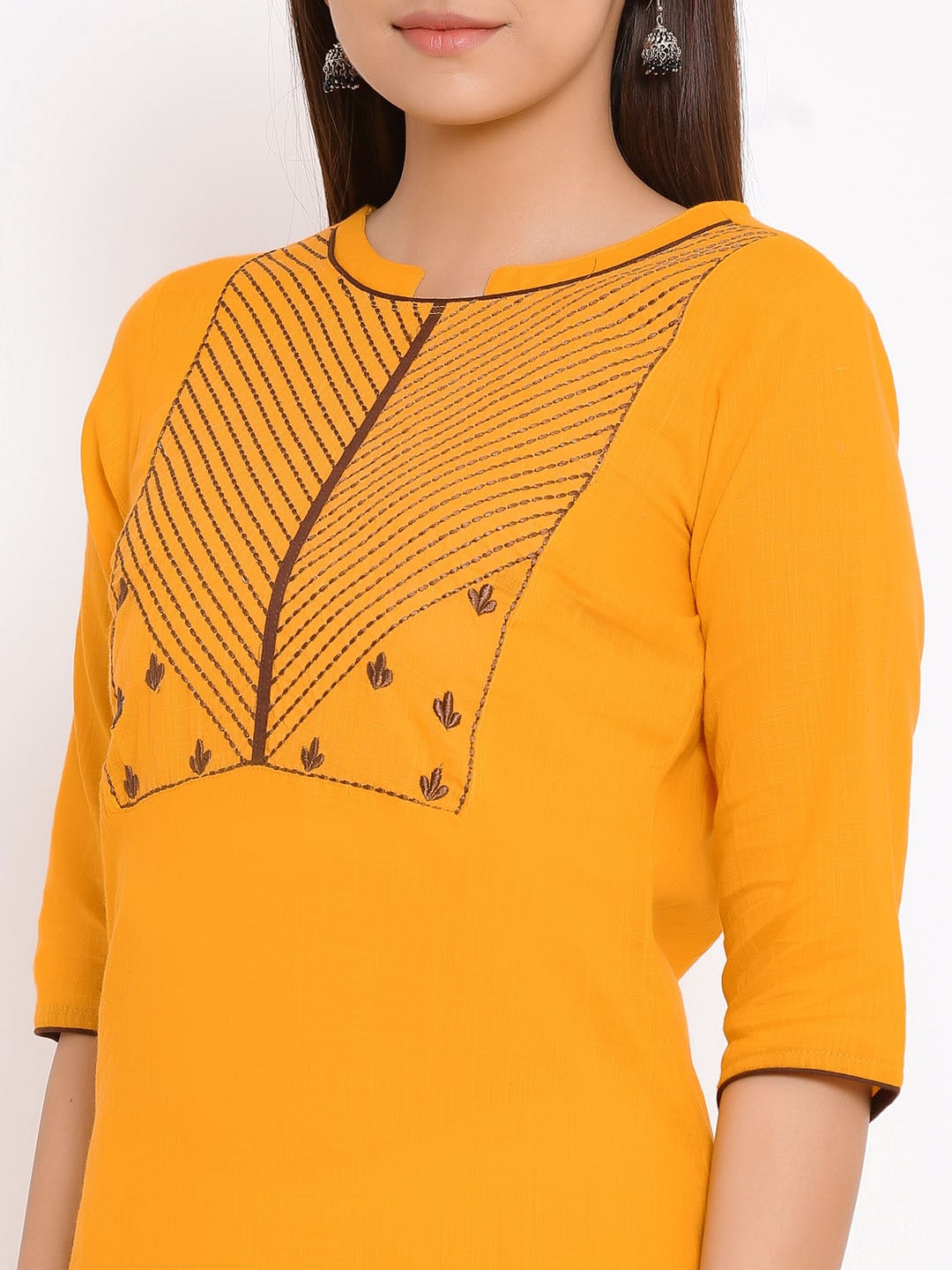 HERE&NOW Yellow Geometric Yoke Design Thread Work Kurta | Grocsy