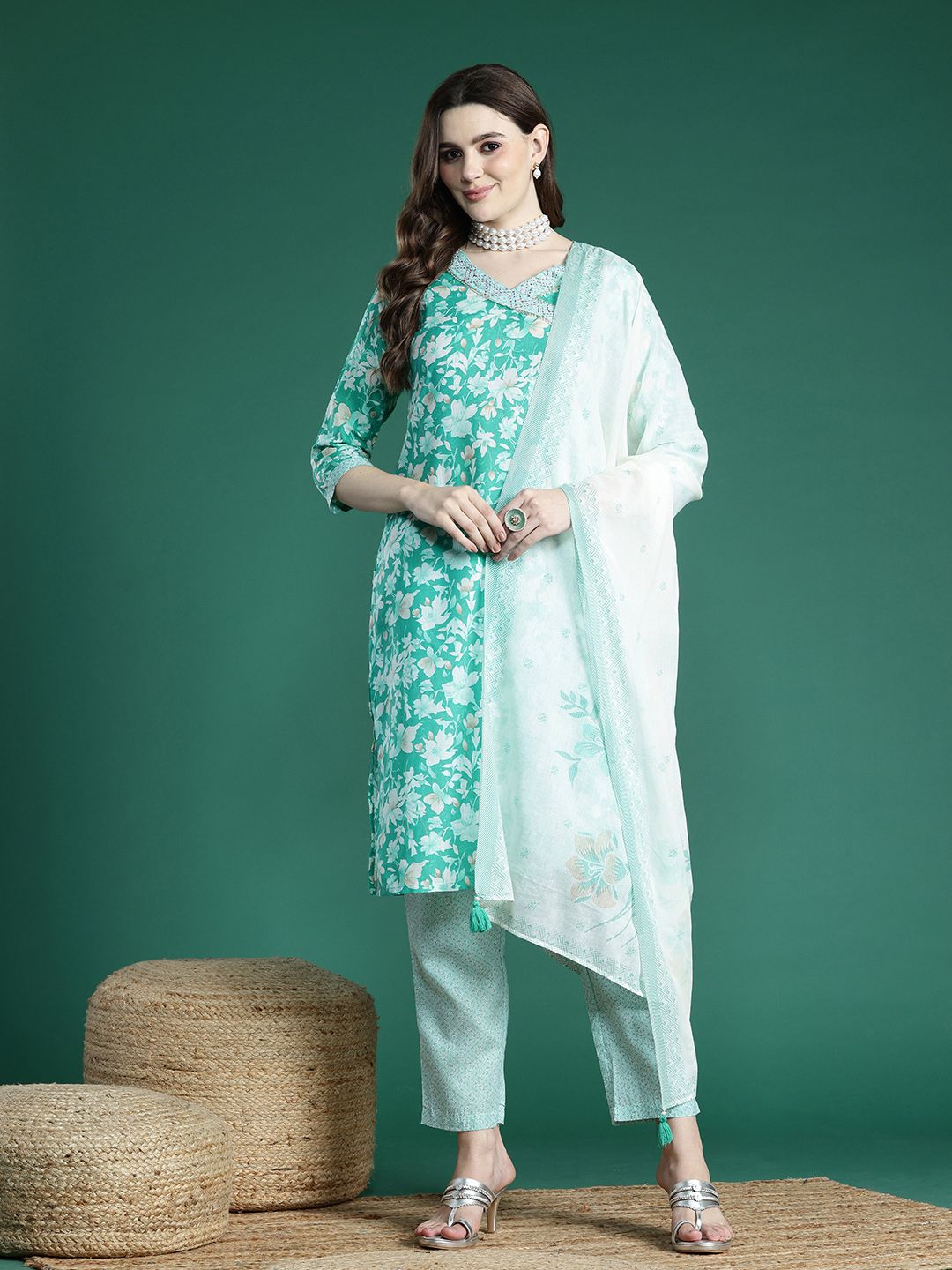 Sangria Floral Printed Angrakha Thread Work Pure Cotton Kurta with Trousers & With Dupatta | Grocsy