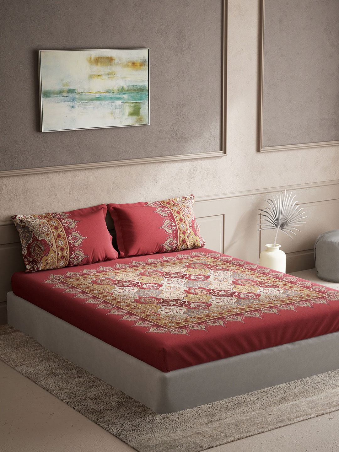 DDecor Red & White Ethnic Motifs Cotton 140 TC King Bedsheet with 2 Pillow Covers | Grocsy