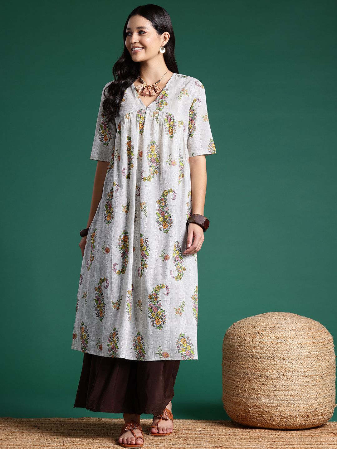 Sangria Floral Print Pleated Empire Kurta | Grocsy