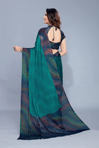 Mirchi Fashion Women's Teal Chiffon Colorful Moire Prints Saree | Grocsy