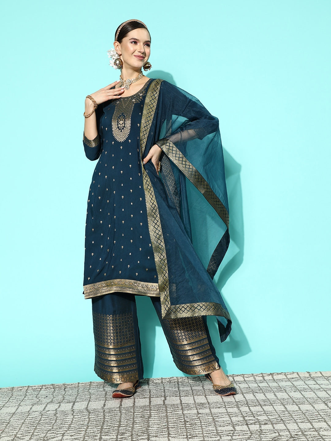Sangria Women Floral Yoke Design Regular Kurta with Palazzos & With Dupatta | Grocsy
