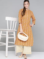 HERE&NOW Women Mustard Yellow & Cream Pure Cotton Geometric Printed Kurta | Grocsy