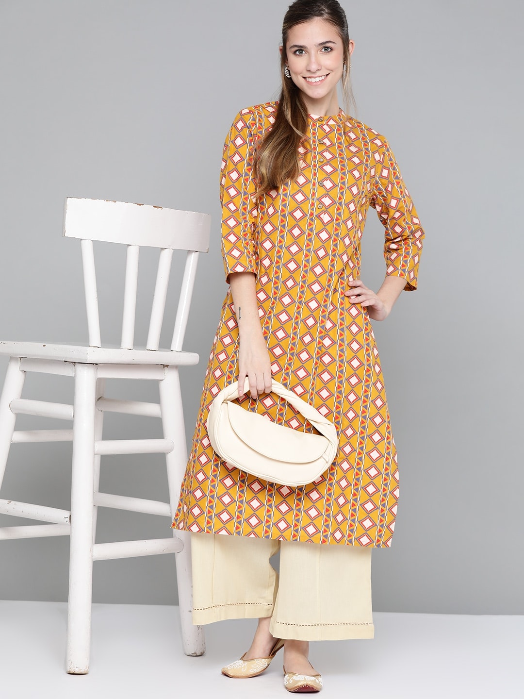 HERE&NOW Women Mustard Yellow & Cream Pure Cotton Geometric Printed Kurta | Grocsy