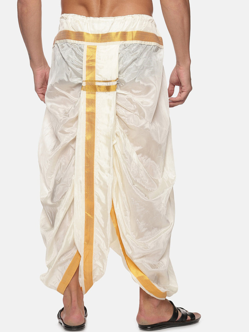 Sethukrishna Men Cream-Coloured & Gold-Coloured Solid Art Silk Dhoti Pants | Grocsy