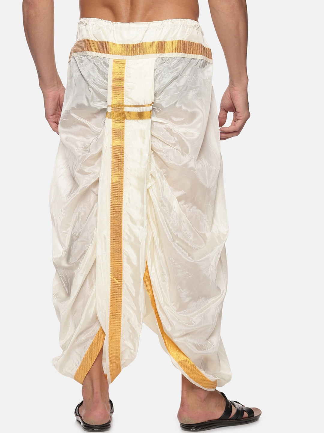 Sethukrishna Men Cream-Coloured & Gold-Coloured Solid Art Silk Dhoti Pants | Grocsy