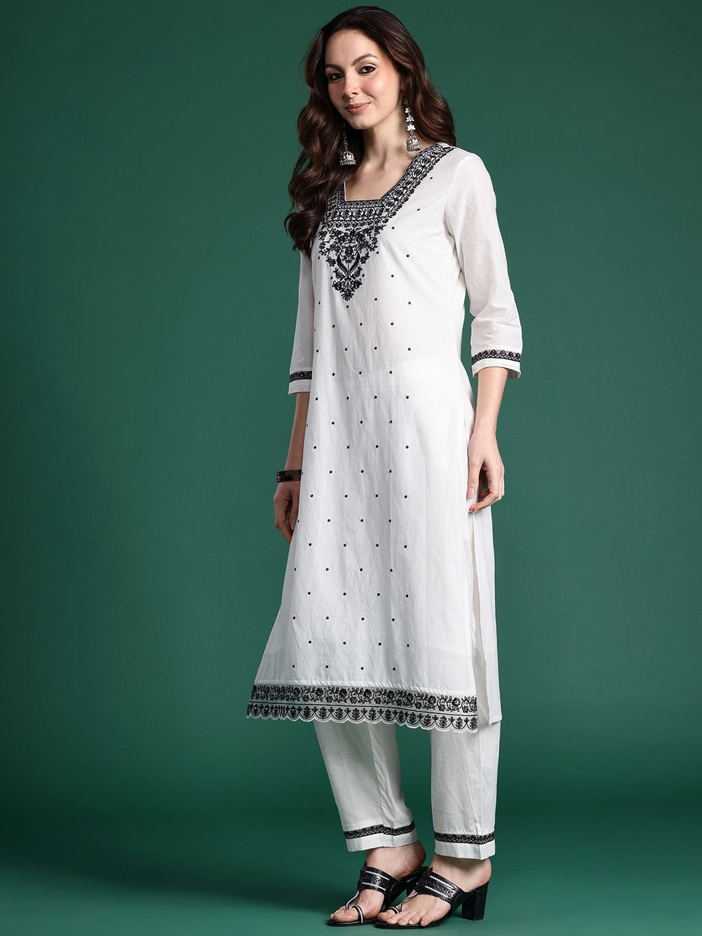Indo Era Floral Embroidered Pure Cotton Kurta with Trousers & Dupatta | Grocsy