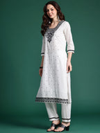 Indo Era Floral Embroidered Pure Cotton Kurta with Trousers & Dupatta | Grocsy