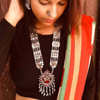 Silver-Plated Alloy Long Kundan Studded Silver Oxidised Necklace - The Pari | Grocsy