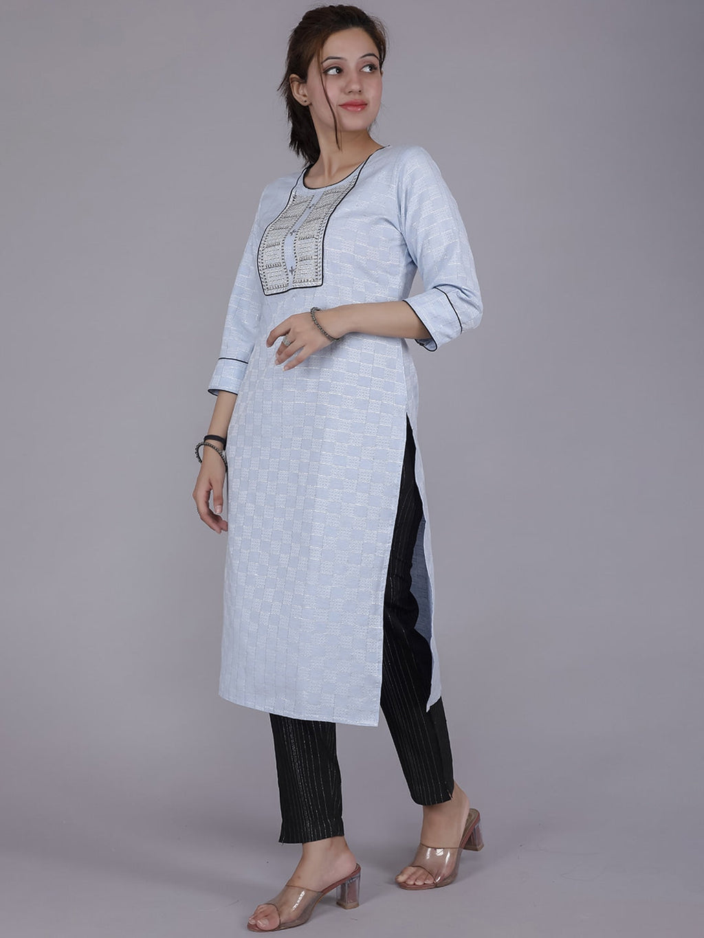HERE&NOW Women Blue Yoke Design Pure Cotton Thread Work Kurta | Grocsy