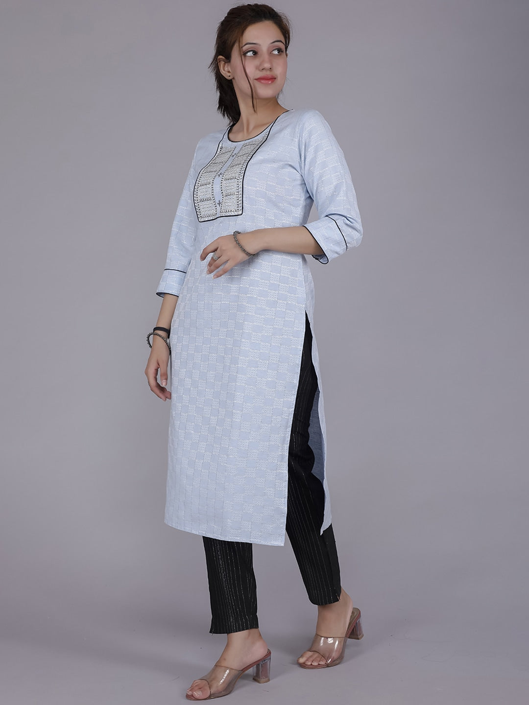 HERE&NOW Women Blue Yoke Design Pure Cotton Thread Work Kurta | Grocsy