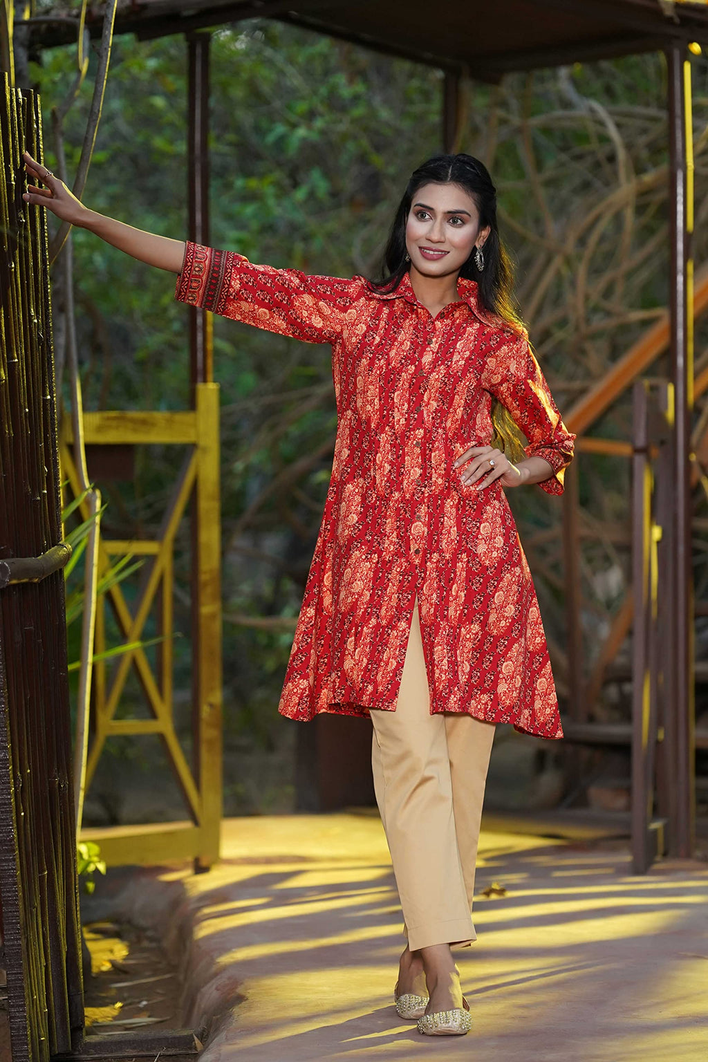 Juniper Women's Red Ethnic Motif Printed Rayon A-Line Kurta with Buttons | Grocsy