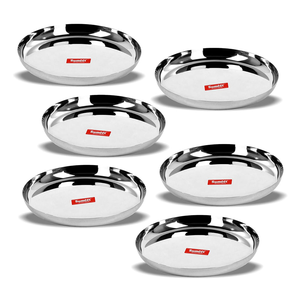 Sumeet Stainless Steel Plates - Set of 6, Silver | Grocsy