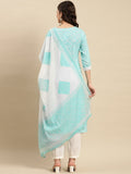 Sangria Turquoise Blue & White Geometric Printed Pure Cotton Kurta With Trouser & Dupatta | Grocsy