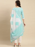 Sangria Turquoise Blue & White Geometric Printed Pure Cotton Kurta With Trouser & Dupatta | Grocsy