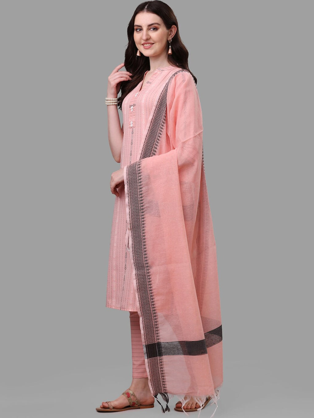 HERE&NOW Women Peach Striped Pure Cotton Kurta with Trousers & With Dupatta | Grocsy