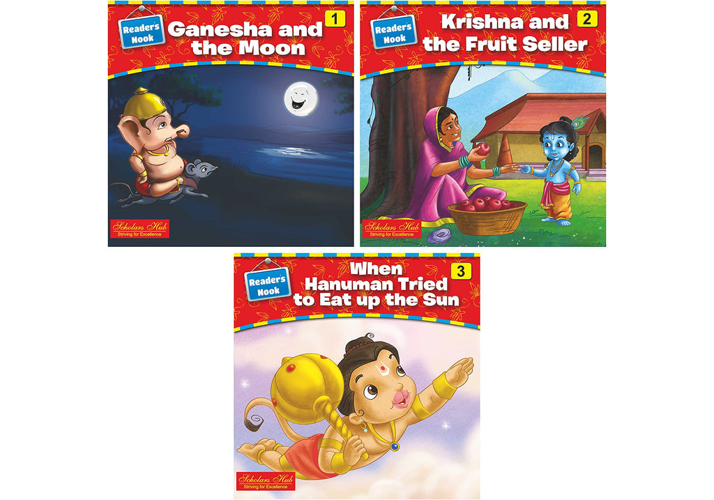 Scholars Hub Mythological Story Books For Kids- Readers Nook Series -Ganesha And The Moon-1, Krishna And The Fruit Seller-2, When Hanuman Tried To Eat Up The Sun -3 (Set Of 3 Books) (For Ages 3+) (Illustrated) |48 Pages| Single Line Storybook For Kids | Grocsy