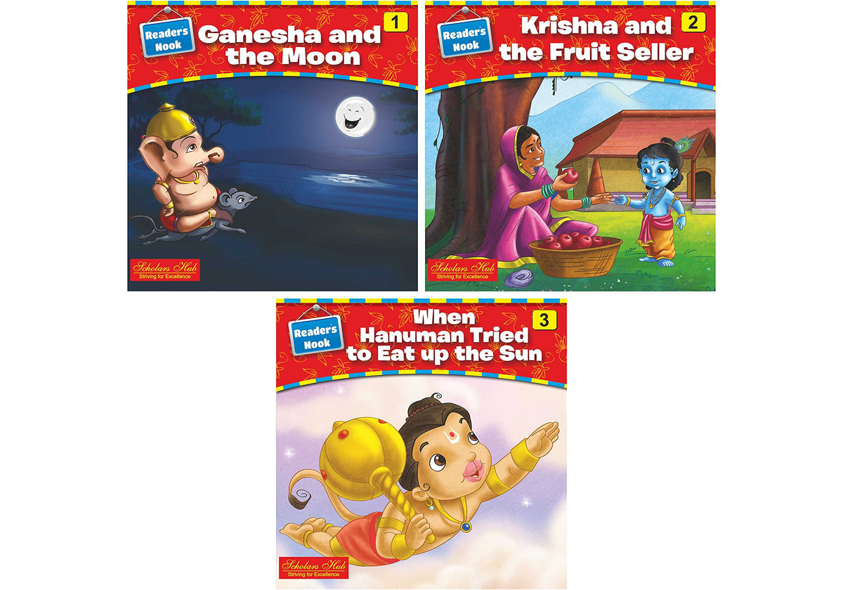 Scholars Hub Mythological Story Books For Kids- Readers Nook Series -Ganesha And The Moon-1, Krishna And The Fruit Seller-2, When Hanuman Tried To Eat Up The Sun -3 (Set Of 3 Books) (For Ages 3+) (Illustrated) |48 Pages| Single Line Storybook For Kids | Grocsy