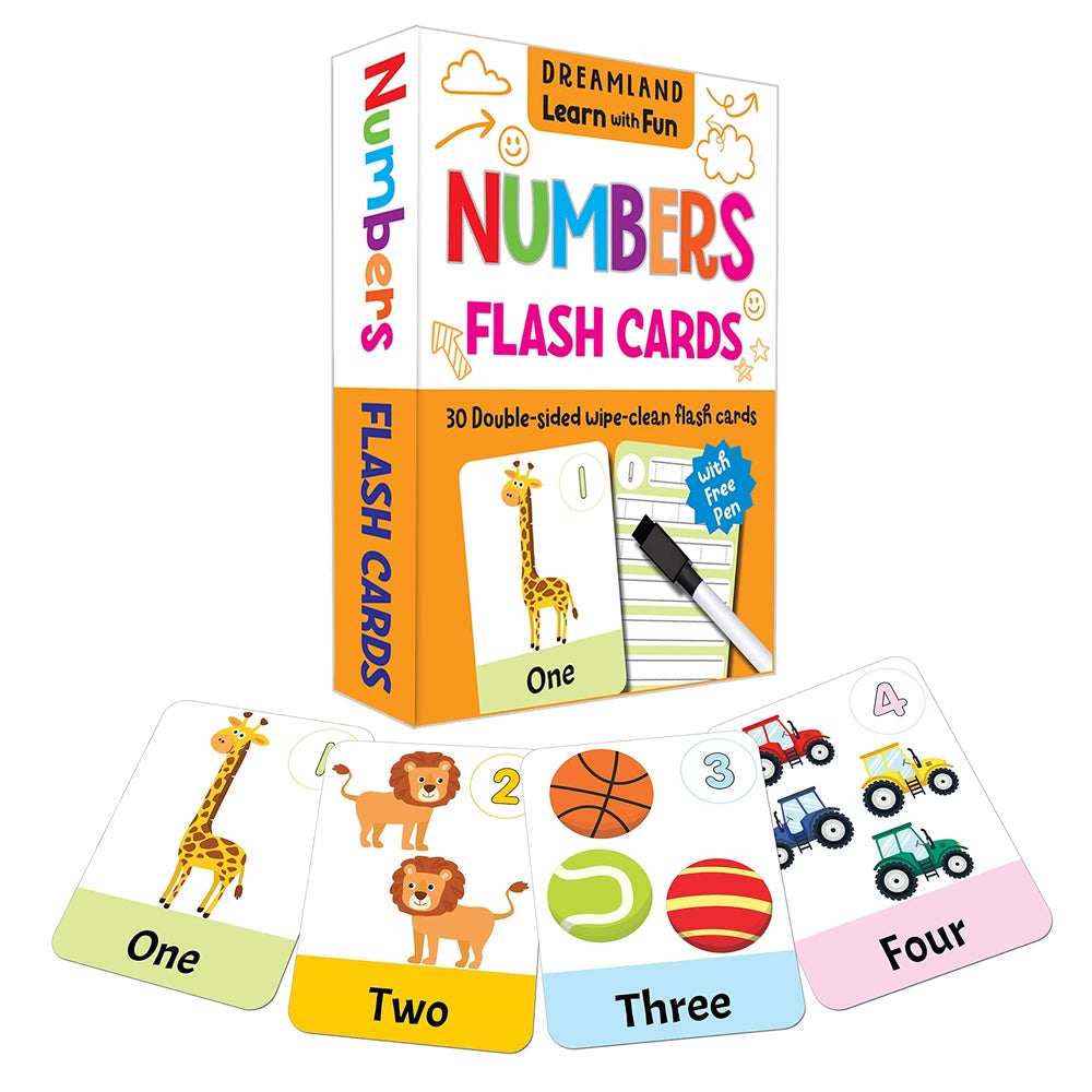 Dreamland Flash Cards Numbers - 30 Double Sided Wipe Clean Flash Cards for Kids (With Free Pen) | Grocsy