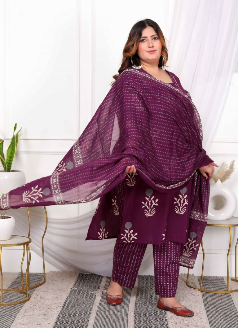Miravan Women's Plus Size Cotton Fabric Purple Color Kurta With Palazzo And Dupatta | Grocsy