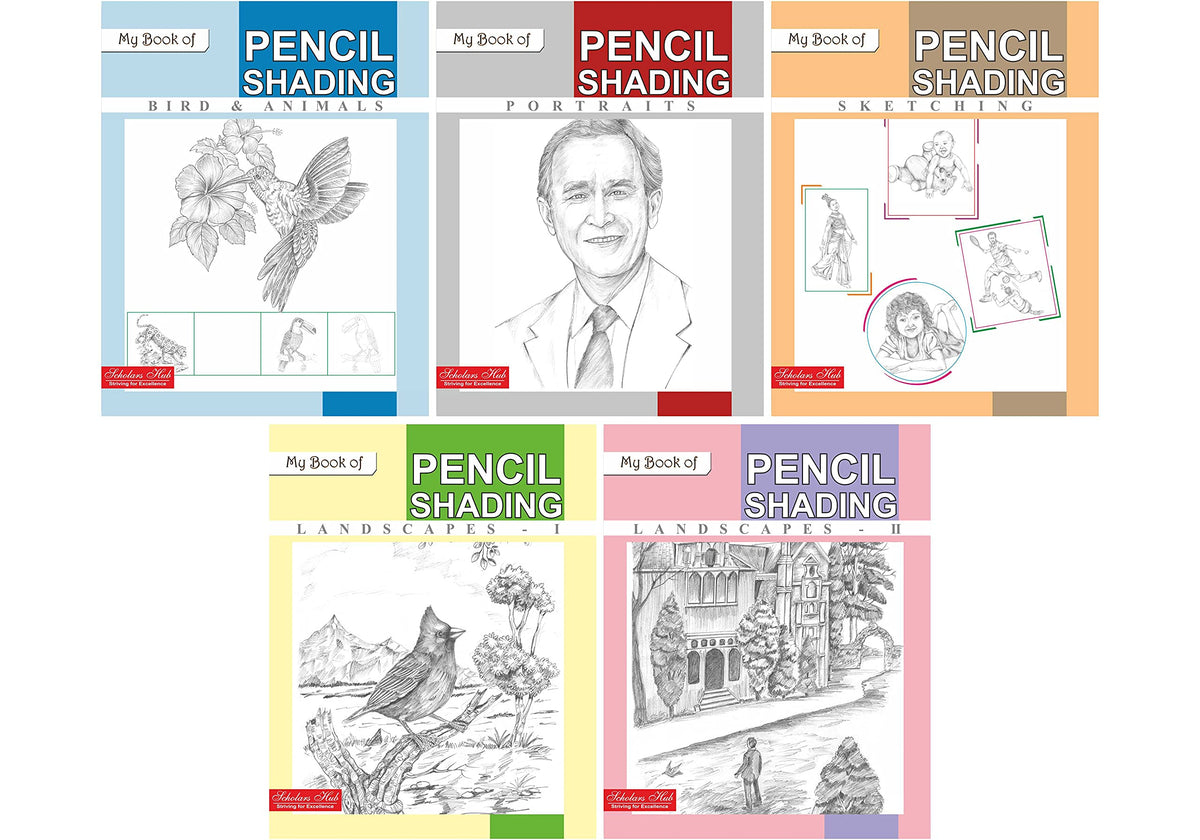 Scholars Hub My Book Of Pencil Shading For Kids (Set Of 5 Books) | 200 Pages | Landscape 1, Landscape 2, Birds And Animals, Potraits & Sketching. | Grocsy