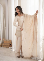 Lorenvalley Fashion Cream Glass Roman Silk with Embroidery Sequence and Jari Work Kurta Farshi Salwar with Dupatta | Grocsy