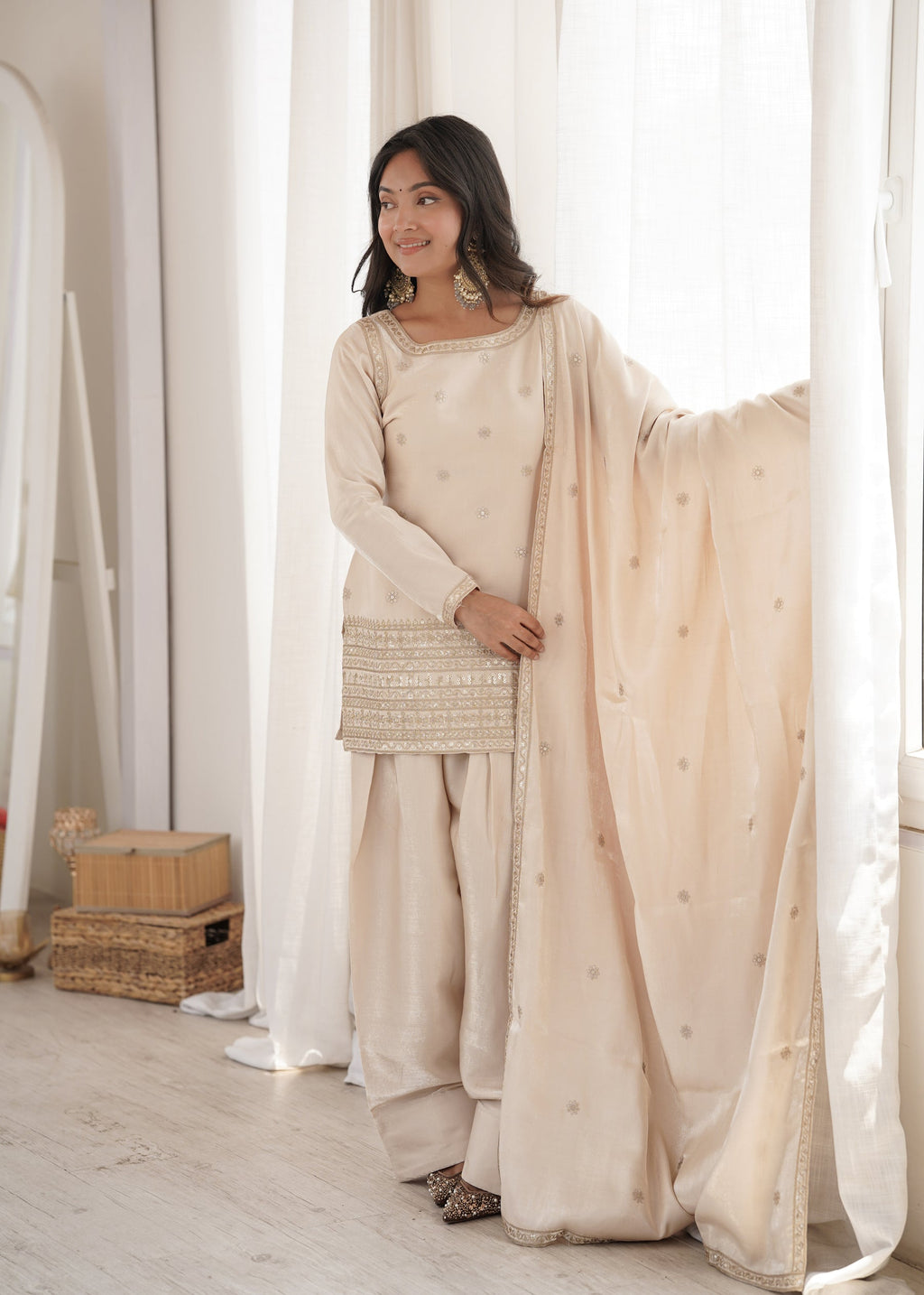Lorenvalley Fashion Cream Glass Roman Silk with Embroidery Sequence and Jari Work Kurta Farshi Salwar with Dupatta | Grocsy