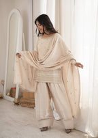Lorenvalley Fashion Cream Glass Roman Silk with Embroidery Sequence and Jari Work Kurta Farshi Salwar with Dupatta | Grocsy