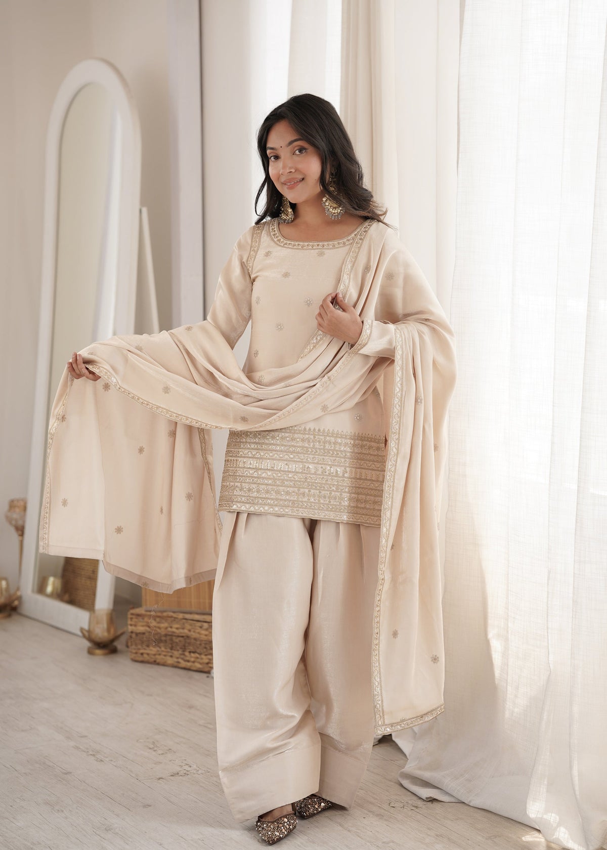 Lorenvalley Fashion Cream Glass Roman Silk with Embroidery Sequence and Jari Work Kurta Farshi Salwar with Dupatta | Grocsy