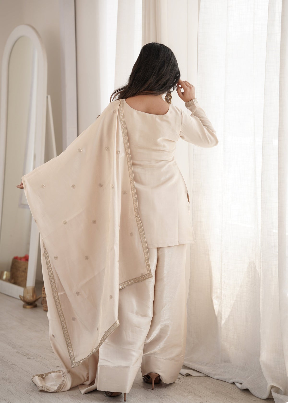 Lorenvalley Fashion Cream Glass Roman Silk with Embroidery Sequence and Jari Work Kurta Farshi Salwar with Dupatta | Grocsy