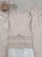 Lorenvalley Fashion Cream Glass Roman Silk with Embroidery Sequence and Jari Work Kurta Farshi Salwar with Dupatta | Grocsy