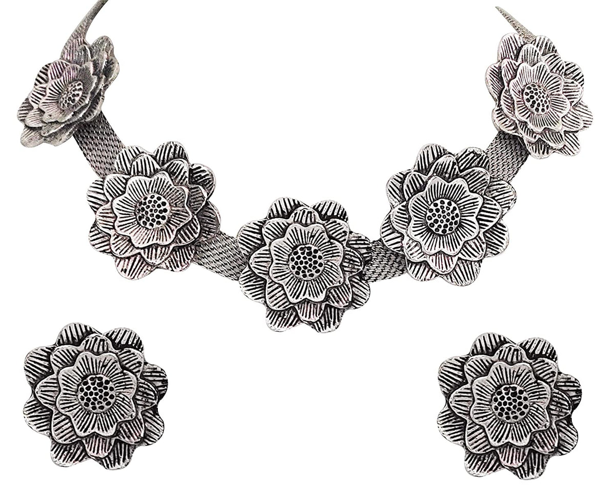 Silver-Plated Alloy Oxidised Rose Shape Necklace - The Pari | Grocsy