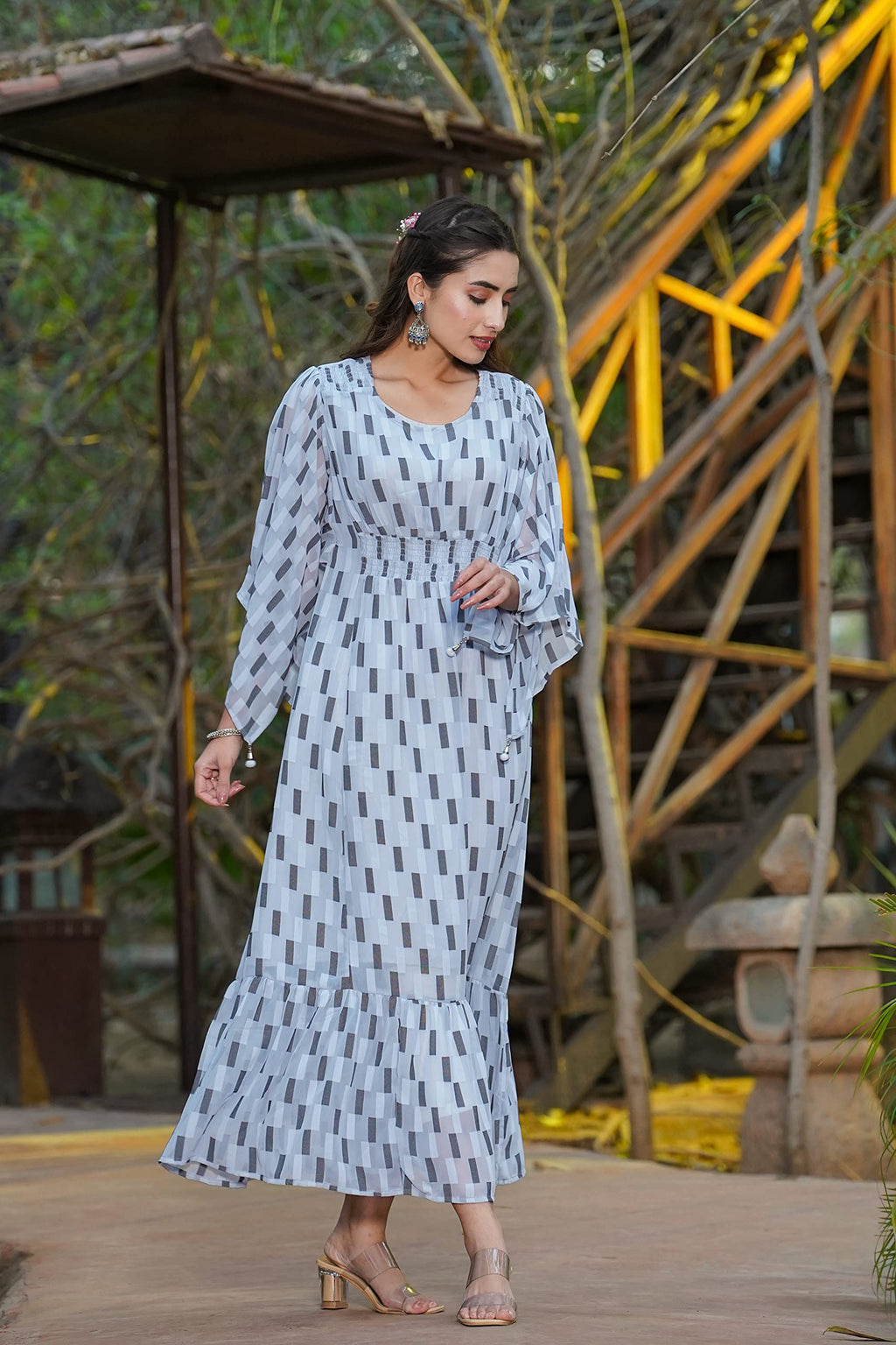 Juniper Women's Women Beautiful Grey Checked Tiered Dress | Grocsy