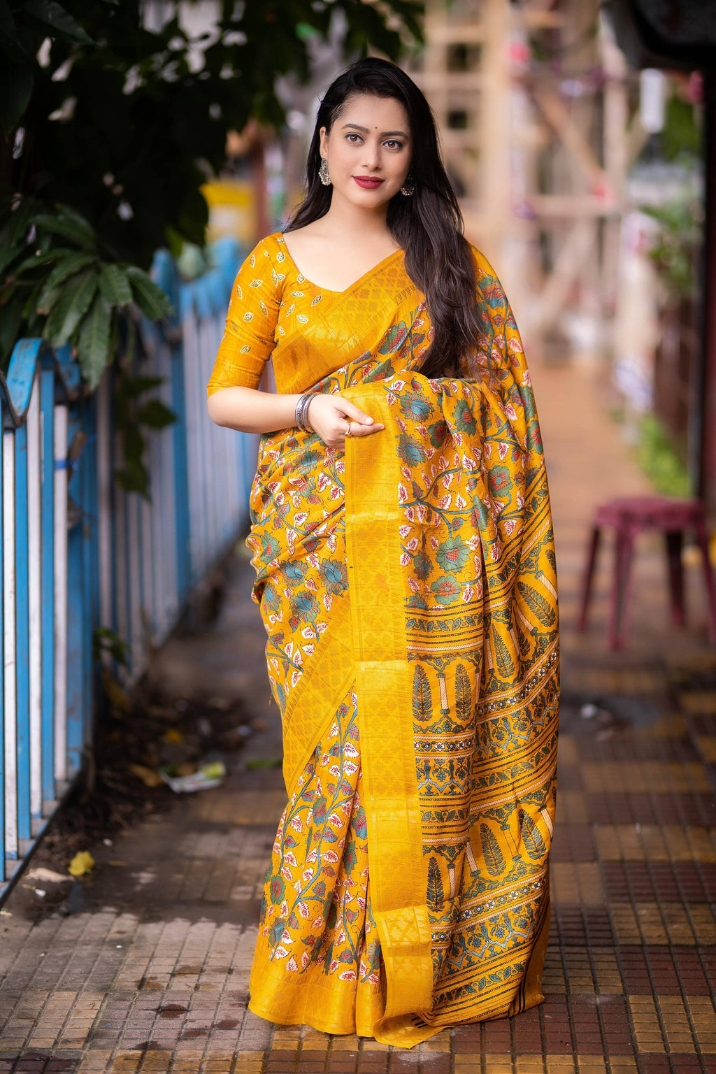 Mustard Slub Silk Printed Saree with Unstitched Blouse - Hiral Fashion | Grocsy