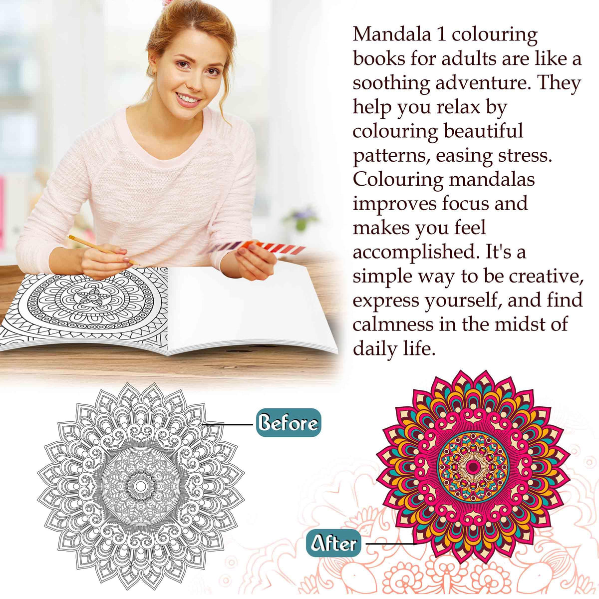 Art Therapy Mandala Adult Colouring Book 1: Mandala Colouring Book, Adult Coloring Book Kit With 12 Sketch Pens, Fun For Adults, Relaxing Coloring Workbook | Grocsy