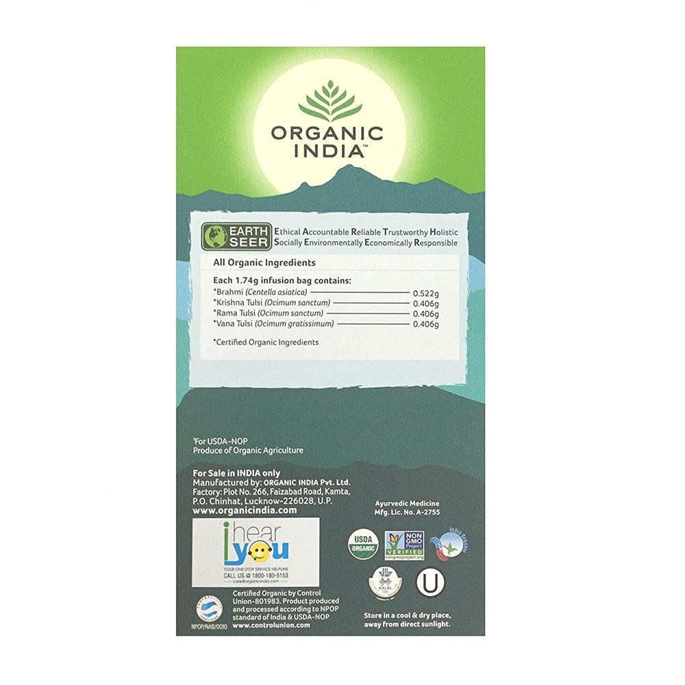 Organic India Tulsi Brahmi Tea 25 Tea Bags | Grocsy