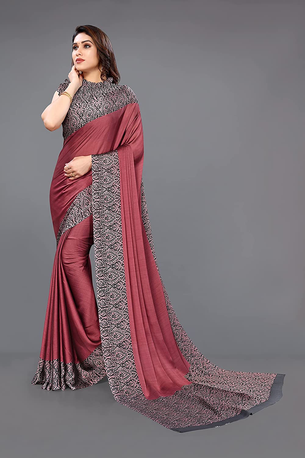 Mirchi Fashion Women's Pink & Black Printed Chiffon Saree | Grocsy