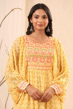Juniper Women's Yellow Ethnic Motif Printed Georgette Midi Dress With Sequins Work | Grocsy