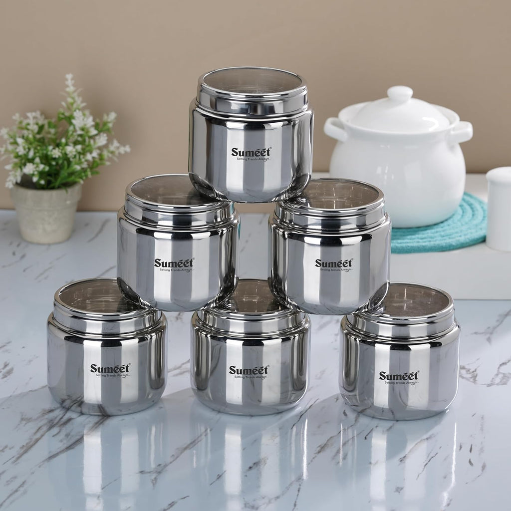 Sumeet Stainless Steel Small Canisters/Dabba/Storage Containers for Kitchen with Lid, Set of 6 Pcs, 400ml Each, 9cm Dia, Silver | Grocsy
