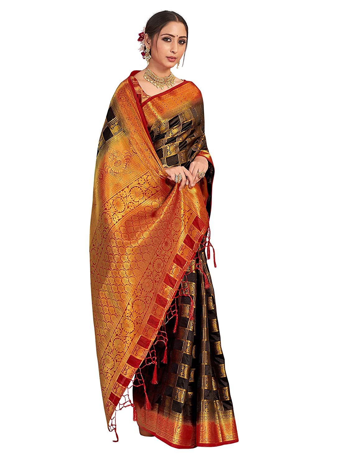 Vardha Women's Black Woven Art Silk Saree With Blouse Piece | Grocsy