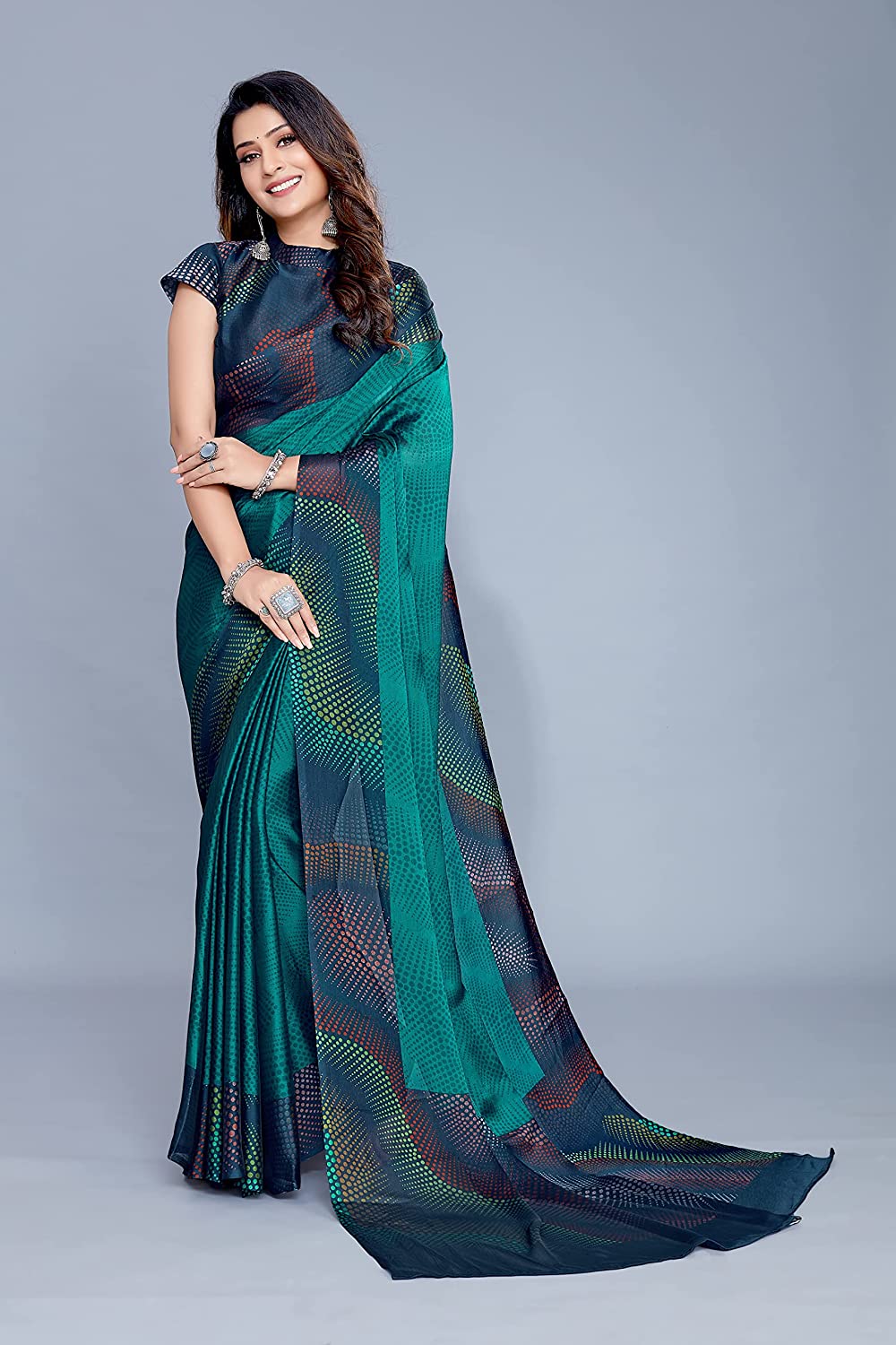 Mirchi Fashion Women's Teal Chiffon Colorful Moire Prints Saree | Grocsy